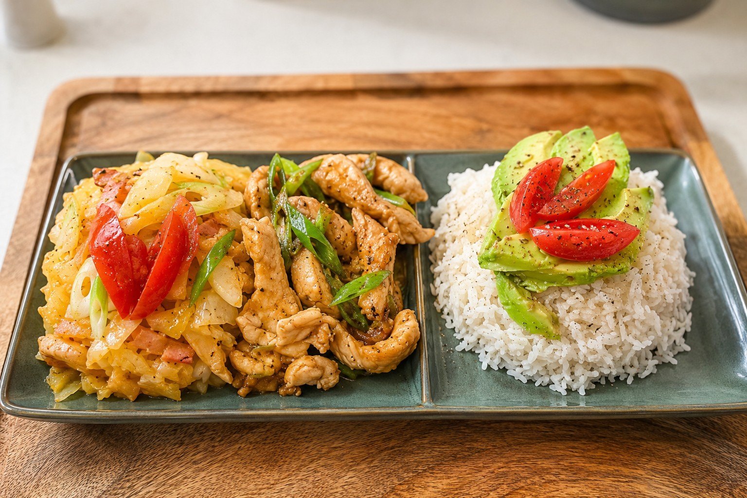 Soy Chicken with Cabbage Stir-Fry & Avocado Rice