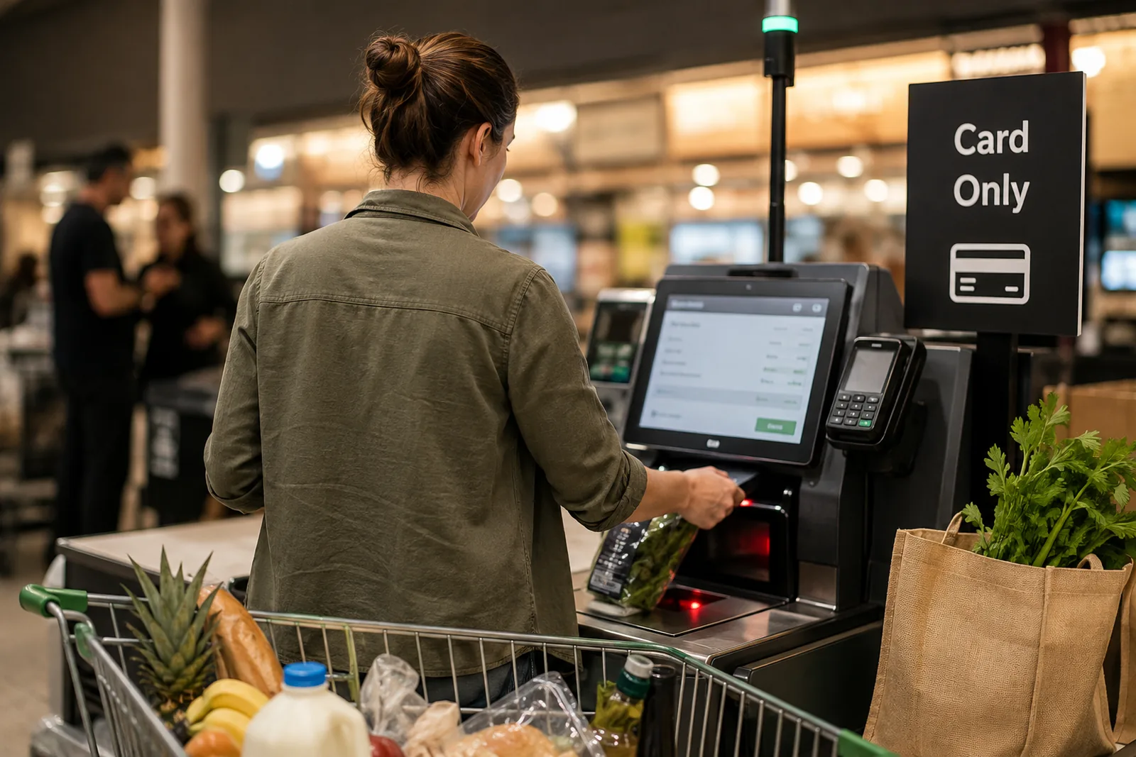 Shopper scanning groceries at a supermarket self-checkout with a full trolley